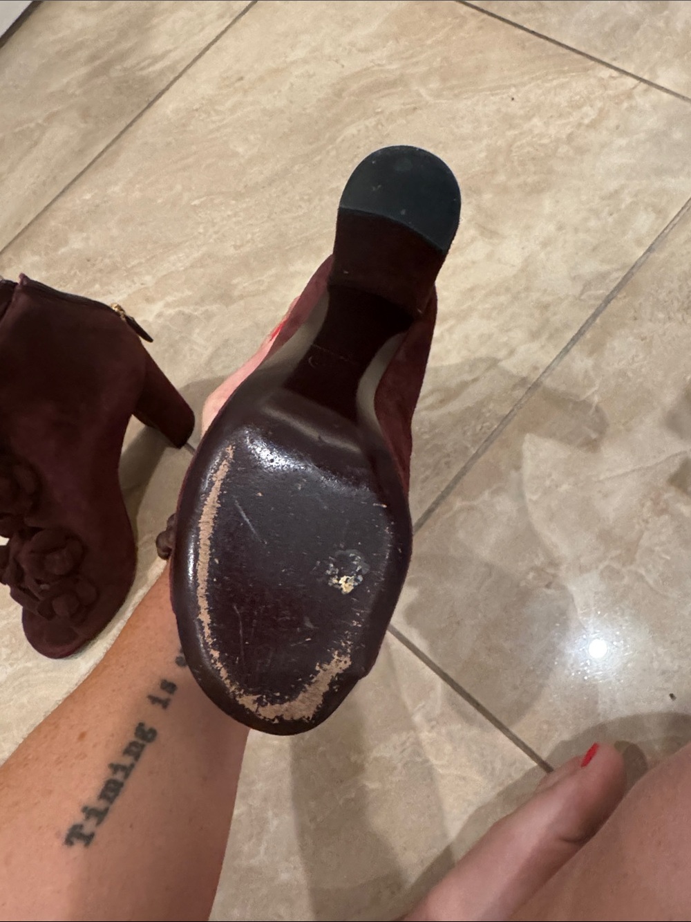 CHANEL Burgundy Suede Floral Peep-Toe Block Heels - Picture 7 of 10